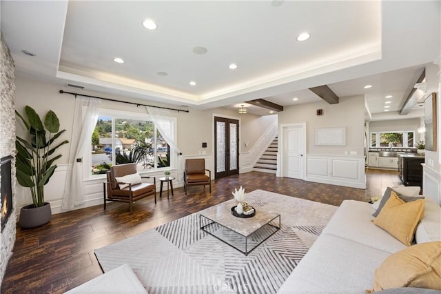 1202 Duke Ln, Walnut, CA 91789 - living room featuring a decorative wall, stairway, plenty of natural light, wood finished floors, and recessed lighting