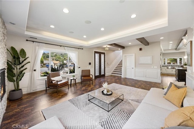 1202 Duke Ln, Walnut, CA 91789 - living area featuring a decorative wall, stairs, healthy amount of natural light, wood finished floors, and recessed lighting