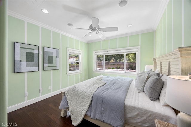 1202 Duke Ln, Walnut, CA 91789 - bedroom with ornamental molding, wood finished floors, recessed lighting, baseboards, and a ceiling fan
