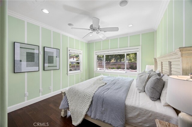 1202 Duke Ln, Walnut, CA 91789 - bedroom featuring ornamental molding, wood finished floors, recessed lighting, and ceiling fan