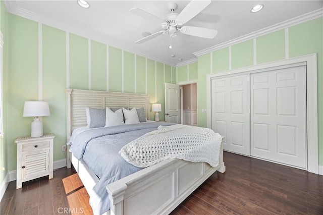 1202 Duke Ln, Walnut, CA 91789 - bedroom with ornamental molding, dark wood finished floors, recessed lighting, a closet, and baseboards