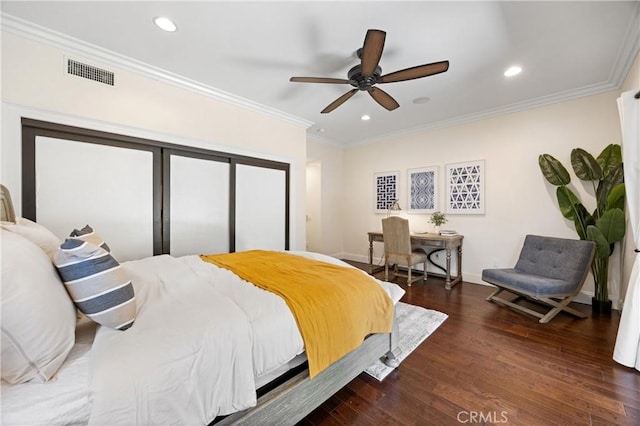 1202 Duke Ln, Walnut, CA 91789 - bedroom with wood finished floors, ornamental molding, recessed lighting, baseboards, and ceiling fan