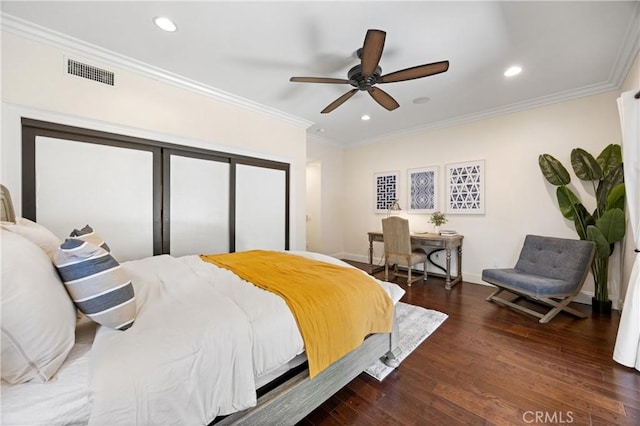 1202 Duke Ln, Walnut, CA 91789 - bedroom featuring wood finished floors, crown molding, recessed lighting, and ceiling fan