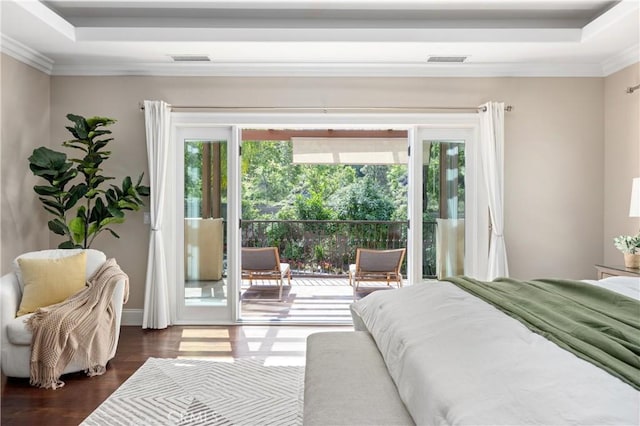 1202 Duke Ln, Walnut, CA 91789 - bedroom with a tray ceiling, multiple windows, access to outside, ornamental molding, and dark wood-style flooring