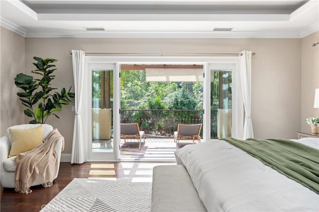 1202 Duke Ln, Walnut, CA 91789 - bedroom with a raised ceiling, multiple windows, access to outside, crown molding, and dark wood-type flooring