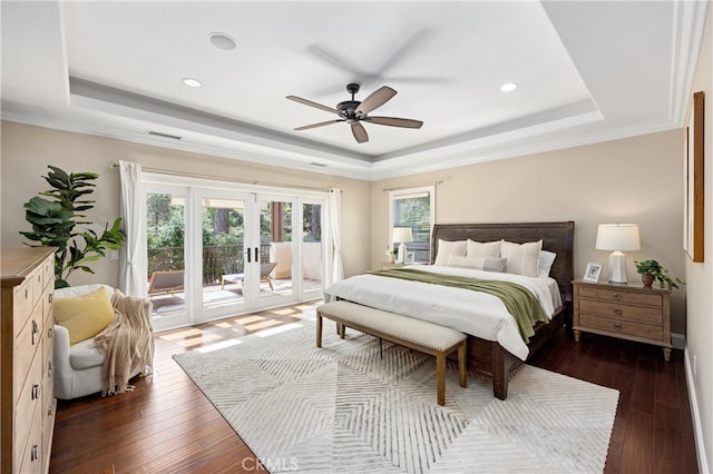 1202 Duke Ln, Walnut, CA 91789 - bedroom with a raised ceiling, french doors, access to outside, dark wood-type flooring, and recessed lighting