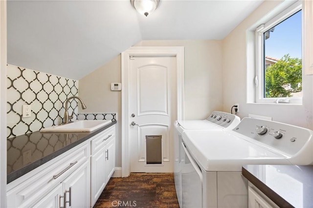 1202 Duke Ln, Walnut, CA 91789 - laundry room featuring washer and dryer, cabinet space, and dark wood-style floors