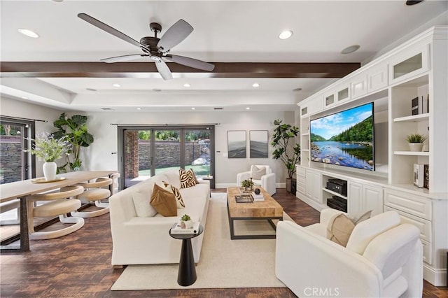1202 Duke Ln, Walnut, CA 91789 - living area featuring dark wood finished floors, beamed ceiling, recessed lighting, and ceiling fan