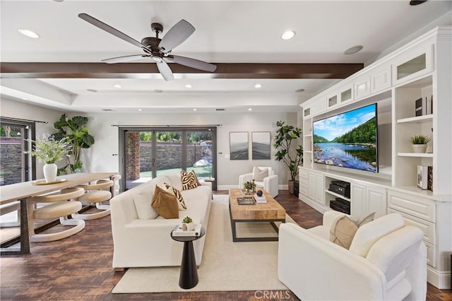 1202 Duke Ln, Walnut, CA 91789 - living area featuring dark wood-style floors, beamed ceiling, recessed lighting, and ceiling fan