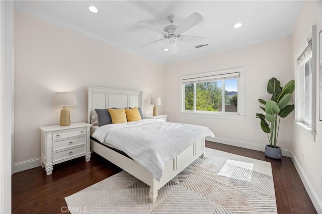1202 Duke Ln, Walnut, CA 91789 - bedroom with dark wood finished floors, recessed lighting, baseboards, crown molding, and a ceiling fan