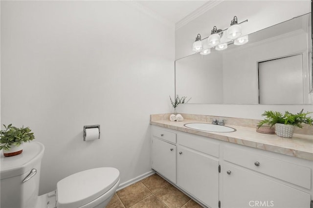 1424 E Vine Ave, West Covina, CA 91791 - half bathroom featuring toilet, crown molding, vanity, baseboards, and tile patterned flooring