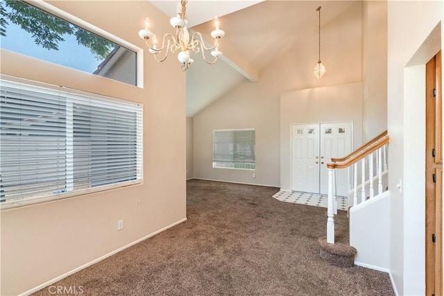 26057 Crestmont Cir, Menifee, CA 92586 - carpeted entryway with high vaulted ceiling, stairs, a chandelier, and baseboards