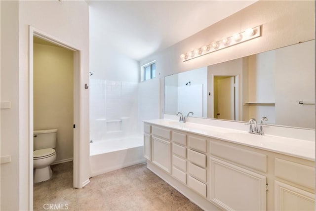 26057 Crestmont Cir, Menifee, CA 92586 - full bathroom featuring double vanity, toilet, a tub, a shower, and baseboards