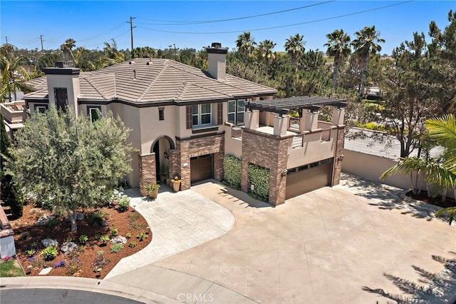 18976 Rockinghorse Ln, Huntington Beach, CA 92648 - view of front of house featuring a garage, driveway, stucco siding, a chimney, and a tiled roof