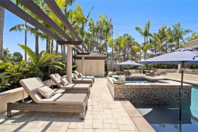 18976 Rockinghorse Ln, Huntington Beach, CA 92648 - view of patio / terrace featuring outdoor lounge area, a hot tub, and a pergola