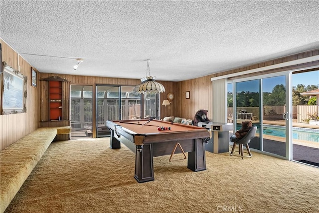 21166 E Rimpath Dr, Covina, CA 91724 - recreation room featuring carpet flooring, wood walls, billiards, and a textured ceiling