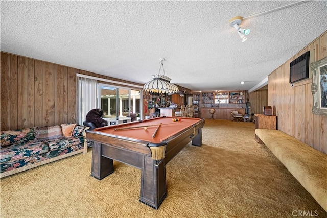 21166 E Rimpath Dr, Covina, CA 91724 - game room with a textured ceiling, wooden walls, carpet floors, healthy amount of natural light, and billiards table