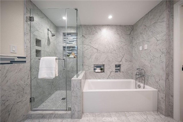 1518 Ocean Ave, Seal Beach, CA 90740 - bathroom with tile walls, a stall shower, and a bath
