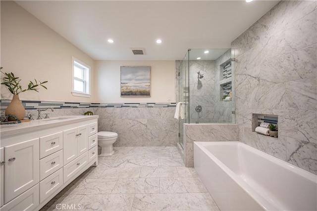 1518 Ocean Ave, Seal Beach, CA 90740 - full bathroom with tile walls, vanity, recessed lighting, a garden tub, and a shower stall