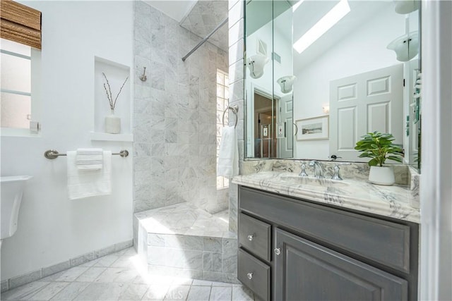 1518 Ocean Ave, Seal Beach, CA 90740 - full bathroom featuring walk in shower, baseboards, vanity, and lofted ceiling