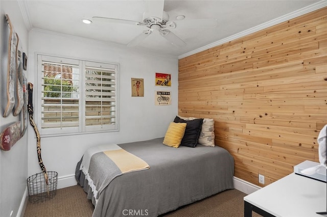 2818 Via Blanco, San Clemente, CA 92673 - carpeted bedroom featuring ornamental molding, wooden walls, baseboards, ceiling fan, and recessed lighting