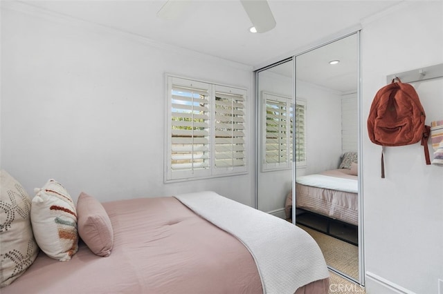 2818 Via Blanco, San Clemente, CA 92673 - bedroom featuring crown molding, a closet, recessed lighting, and a ceiling fan