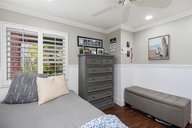 2818 Via Blanco, San Clemente, CA 92673 - bedroom featuring dark wood-style flooring, wainscoting, ornamental molding, a ceiling fan, and recessed lighting
