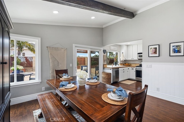 2818 Via Blanco, San Clemente, CA 92673 - dining area with dark wood-style flooring, ornamental molding, baseboards, and recessed lighting