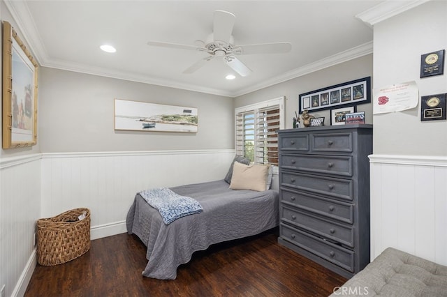 2818 Via Blanco, San Clemente, CA 92673 - bedroom featuring wood finished floors, a wainscoted wall, crown molding, ceiling fan, and recessed lighting