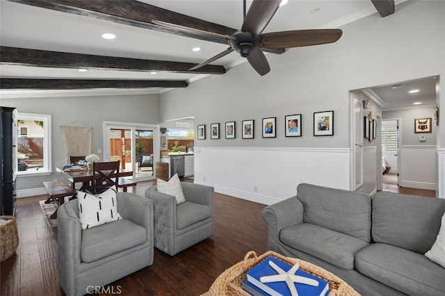 2818 Via Blanco, San Clemente, CA 92673 - living area featuring recessed lighting, ceiling fan, wainscoting, wood finished floors, and healthy amount of natural light
