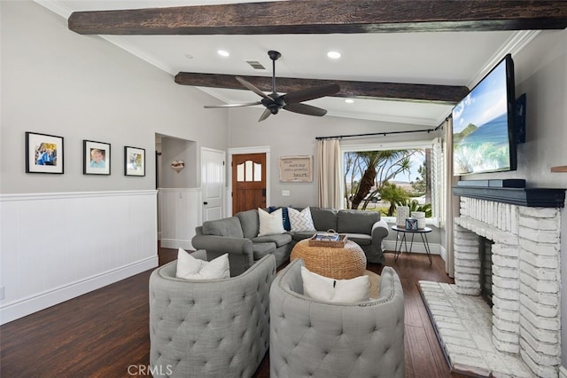 2818 Via Blanco, San Clemente, CA 92673 - living room with wood finished floors, ceiling fan, a wainscoted wall, a fireplace, and recessed lighting