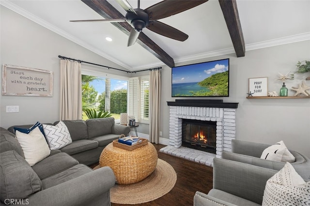 2818 Via Blanco, San Clemente, CA 92673 - living room with wood finished floors, a fireplace, ceiling fan, recessed lighting, and crown molding