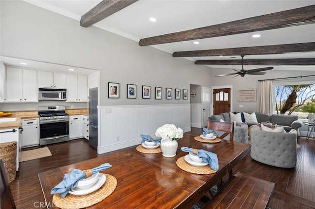 2818 Via Blanco, San Clemente, CA 92673 - dining room with beam ceiling, dark wood-style floors, wainscoting, recessed lighting, and a ceiling fan