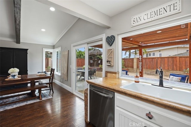 2818 Via Blanco, San Clemente, CA 92673 - kitchen with dishwasher, a sink, lofted ceiling, light countertops, and dark wood-style floors
