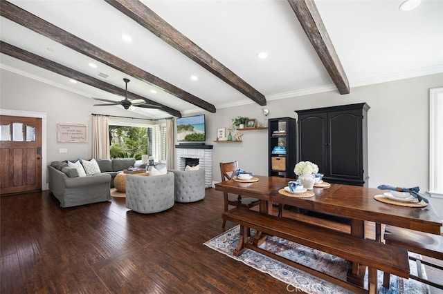 2818 Via Blanco, San Clemente, CA 92673 - living room with a brick fireplace, wood finished floors, ceiling fan, and recessed lighting