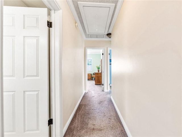 11628 Cedarvale St, Norwalk, CA 90650 - corridor featuring attic access, carpet floors, baseboards, and ornamental molding