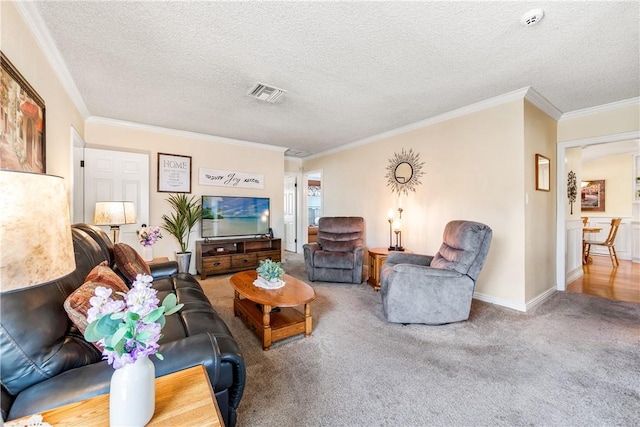 11628 Cedarvale St, Norwalk, CA 90650 - carpeted living room with crown molding and a textured ceiling
