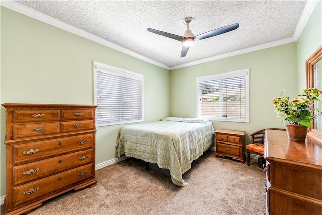 11628 Cedarvale St, Norwalk, CA 90650 - bedroom featuring light colored carpet, ornamental molding, a textured ceiling, a ceiling fan, and baseboards