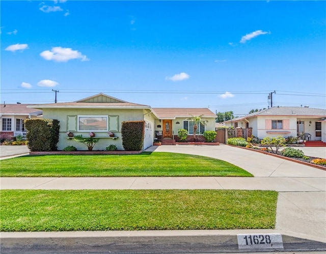 11628 Cedarvale St, Norwalk, CA 90650 - ranch-style home with driveway, an attached garage, a front yard, and stucco siding