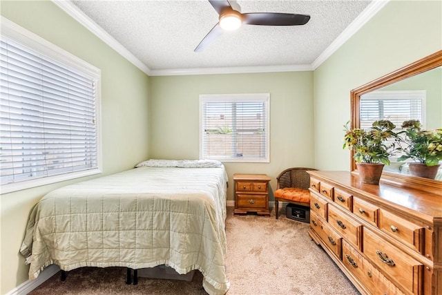 11628 Cedarvale St, Norwalk, CA 90650 - bedroom with a textured ceiling, light colored carpet, a ceiling fan, and ornamental molding
