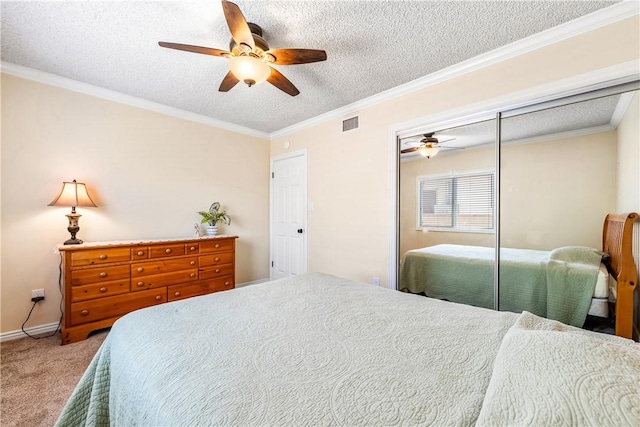 11628 Cedarvale St, Norwalk, CA 90650 - bedroom featuring carpet floors, a textured ceiling, a closet, crown molding, and ceiling fan