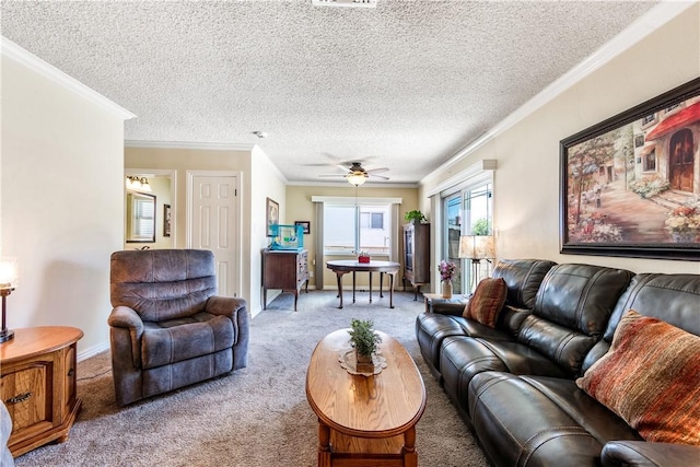 11628 Cedarvale St, Norwalk, CA 90650 - living area with carpet flooring, ornamental molding, a textured ceiling, a ceiling fan, and baseboards