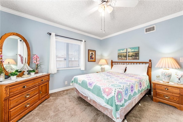 11628 Cedarvale St, Norwalk, CA 90650 - bedroom with light carpet, a textured ceiling, crown molding, ceiling fan, and baseboards