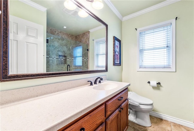11628 Cedarvale St, Norwalk, CA 90650 - full bathroom featuring vanity, a shower stall, toilet, baseboards, and crown molding