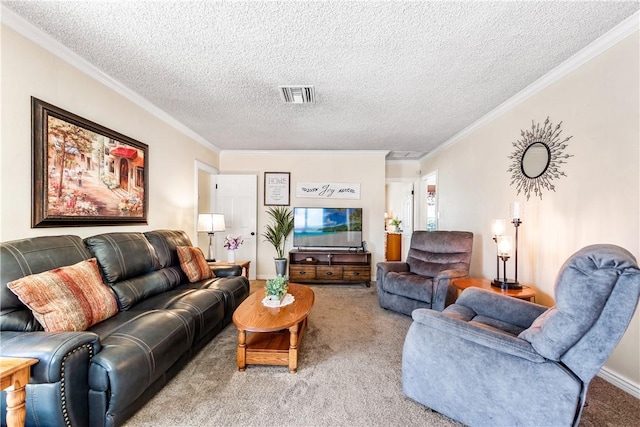 11628 Cedarvale St, Norwalk, CA 90650 - living area with carpet, crown molding, and a textured ceiling
