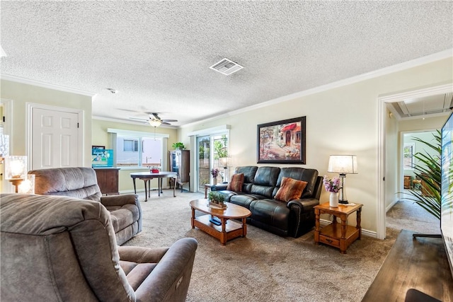 11628 Cedarvale St, Norwalk, CA 90650 - living area featuring attic access, carpet flooring, ornamental molding, ceiling fan, and baseboards