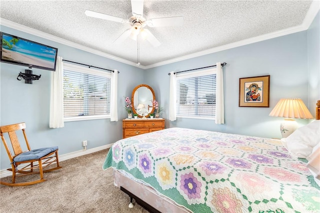 11628 Cedarvale St, Norwalk, CA 90650 - bedroom with carpet, a textured ceiling, crown molding, ceiling fan, and baseboards