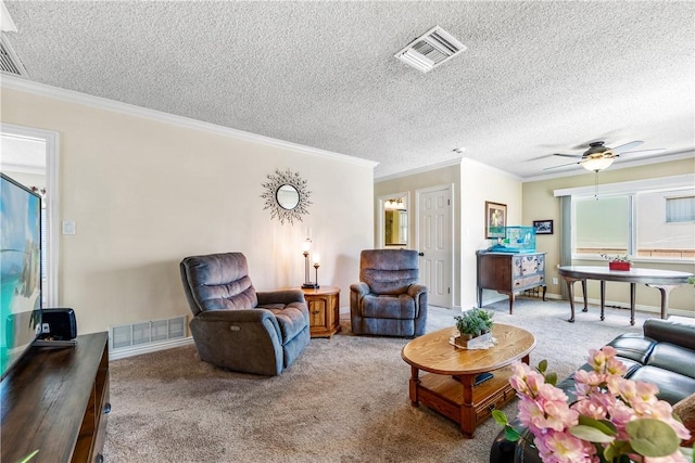 11628 Cedarvale St, Norwalk, CA 90650 - living room featuring carpet, a textured ceiling, crown molding, ceiling fan, and baseboards