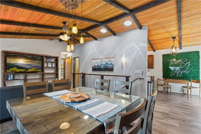 42646 Constellation Dr, Big Bear Lake, CA 92315 - dining room featuring wooden ceiling, wood finished floors, and a ceiling fan