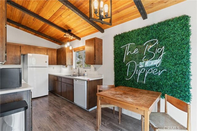 42646 Constellation Dr, Big Bear Lake, CA 92315 - kitchen with white appliances, wooden ceiling, a sink, light countertops, and dark wood finished floors